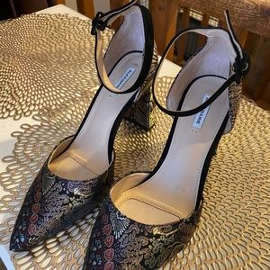 Black baroque block heels, size 8.5